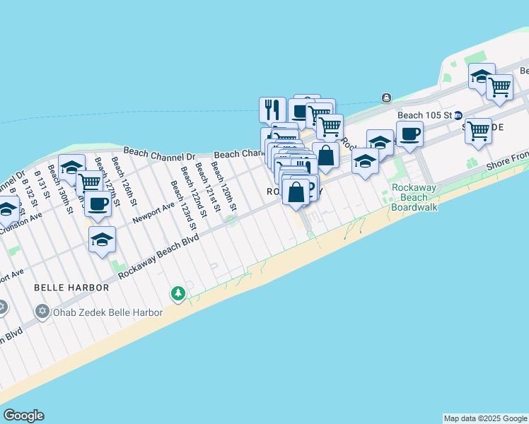 map of restaurants, bars, coffee shops, grocery stores, and more near 117-18 Rockaway Beach Boulevard in Queens