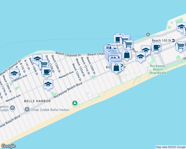 map of restaurants, bars, coffee shops, grocery stores, and more near 225 Beach 119th Street in Queens