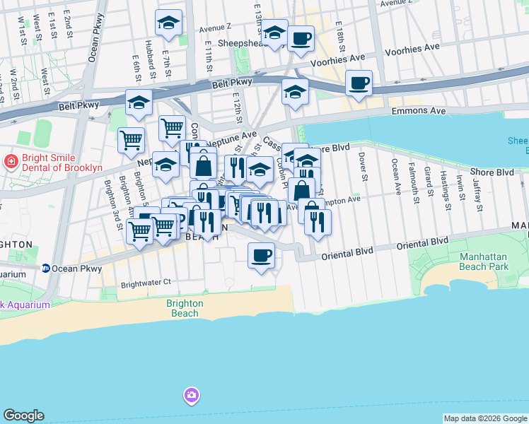 map of restaurants, bars, coffee shops, grocery stores, and more near 1080 Ocean View Avenue in Brooklyn