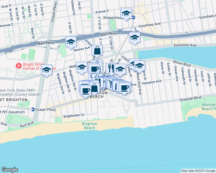 map of restaurants, bars, coffee shops, grocery stores, and more near 3010 Brighton 12th Street in Brooklyn