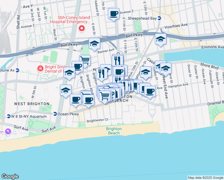 map of restaurants, bars, coffee shops, grocery stores, and more near 3017 Brighton 8th Street in Brooklyn