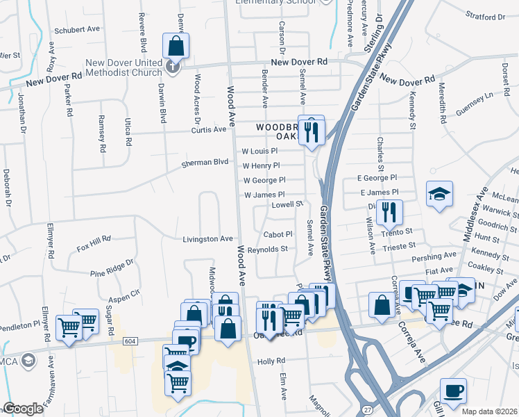 map of restaurants, bars, coffee shops, grocery stores, and more near 39 Hancock Place in Woodbridge Township