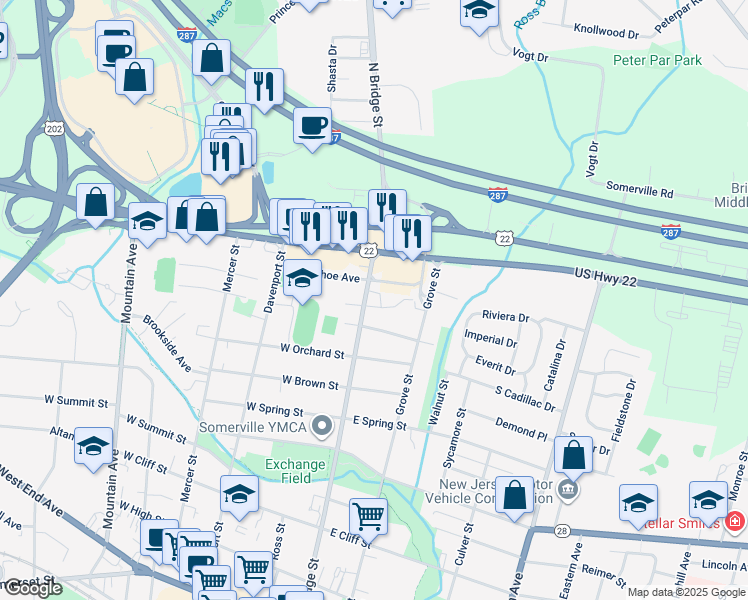 map of restaurants, bars, coffee shops, grocery stores, and more near 300 North Bridge Street in Bridgewater Township