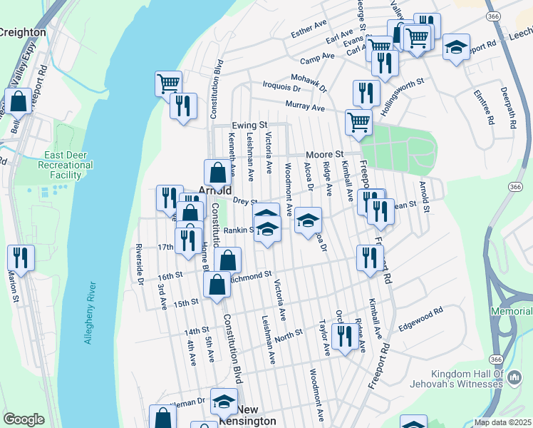 map of restaurants, bars, coffee shops, grocery stores, and more near 1824 Leishman Avenue in New Kensington