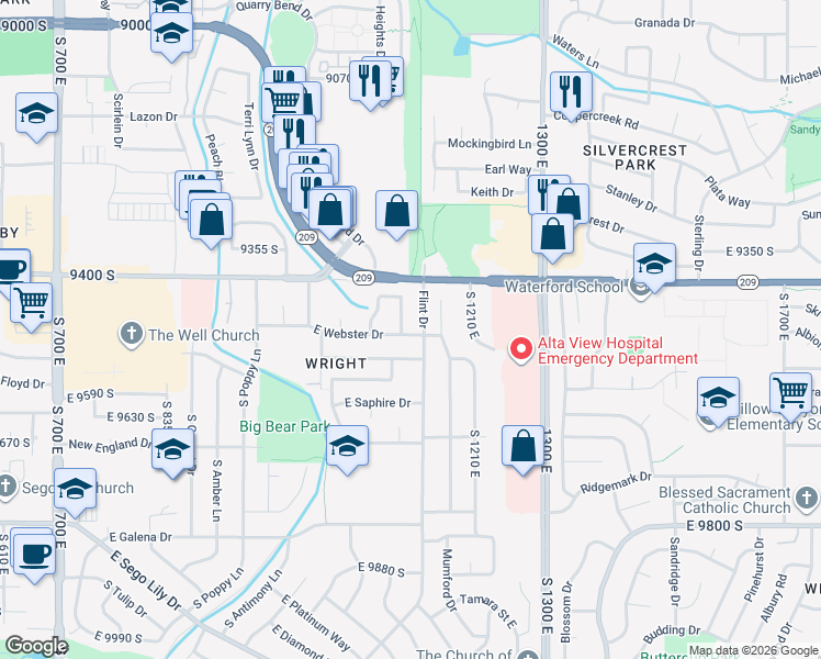 map of restaurants, bars, coffee shops, grocery stores, and more near 9443 Electra Street in Sandy