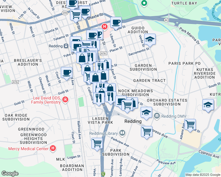 map of restaurants, bars, coffee shops, grocery stores, and more near 2105 Pine Street in Redding