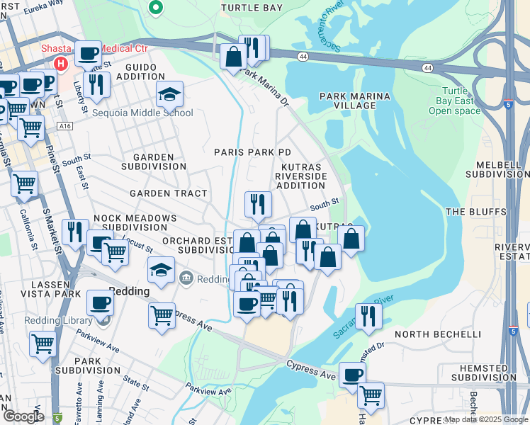 map of restaurants, bars, coffee shops, grocery stores, and more near 2260 Athens Avenue in Redding
