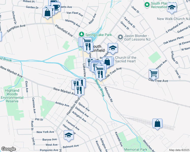map of restaurants, bars, coffee shops, grocery stores, and more near in South Plainfield