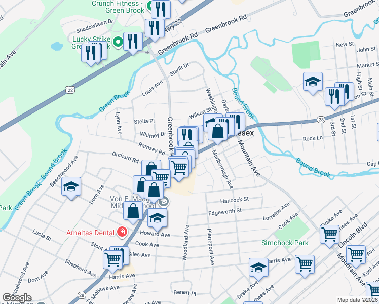 map of restaurants, bars, coffee shops, grocery stores, and more near 3 Locust Avenue in Middlesex