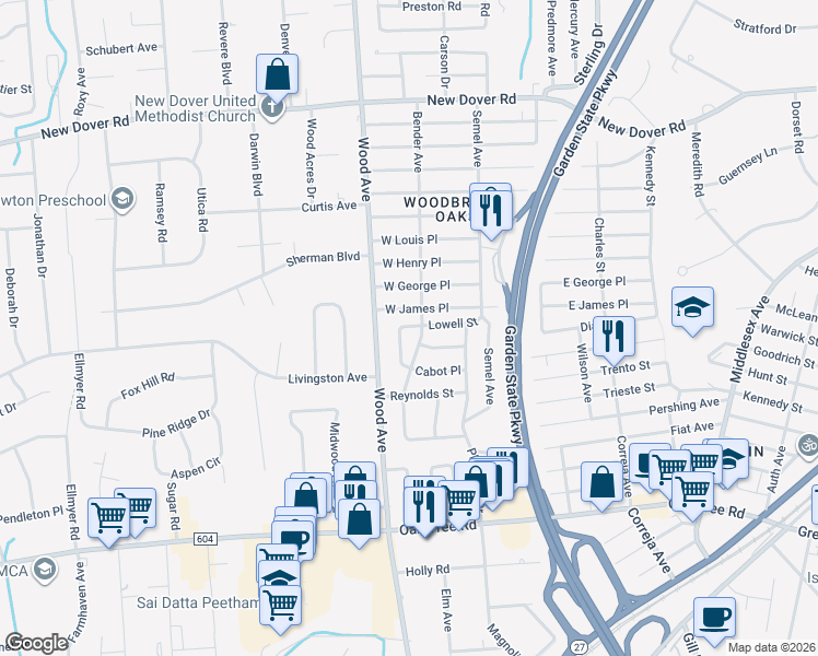 map of restaurants, bars, coffee shops, grocery stores, and more near 39 Hancock Place in Woodbridge Township