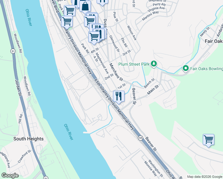 map of restaurants, bars, coffee shops, grocery stores, and more near 118 Maplewood Avenue in Ambridge