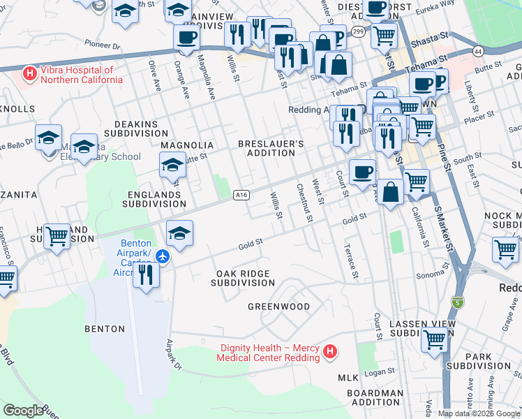 map of restaurants, bars, coffee shops, grocery stores, and more near 2140 Sacramento Street in Redding