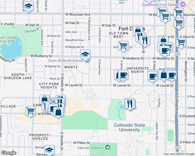 map of restaurants, bars, coffee shops, grocery stores, and more near 627 South Grant Avenue in Fort Collins