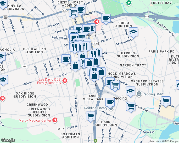 map of restaurants, bars, coffee shops, grocery stores, and more near 1429 Gold Street in Redding