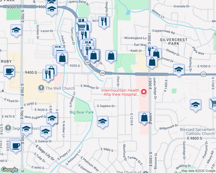 map of restaurants, bars, coffee shops, grocery stores, and more near 1105 East Webster Drive in Sandy