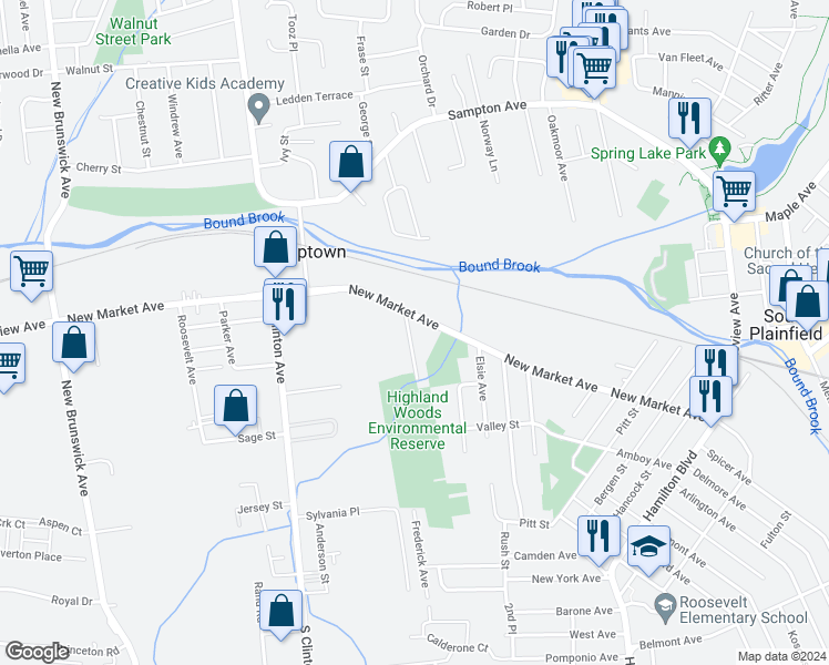 map of restaurants, bars, coffee shops, grocery stores, and more near 421 Highland Avenue in South Plainfield