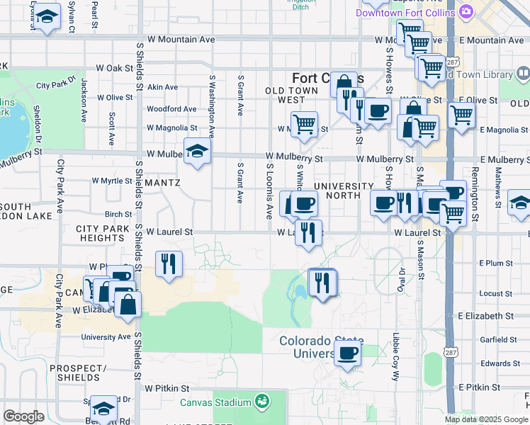 map of restaurants, bars, coffee shops, grocery stores, and more near 627 South Loomis Avenue in Fort Collins
