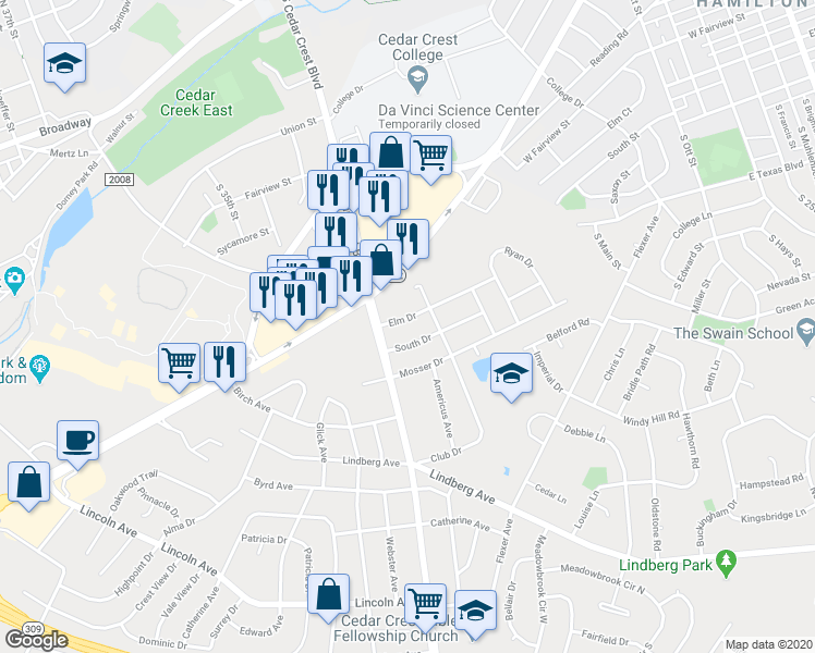 map of restaurants, bars, coffee shops, grocery stores, and more near 3130 Elm Drive in Allentown