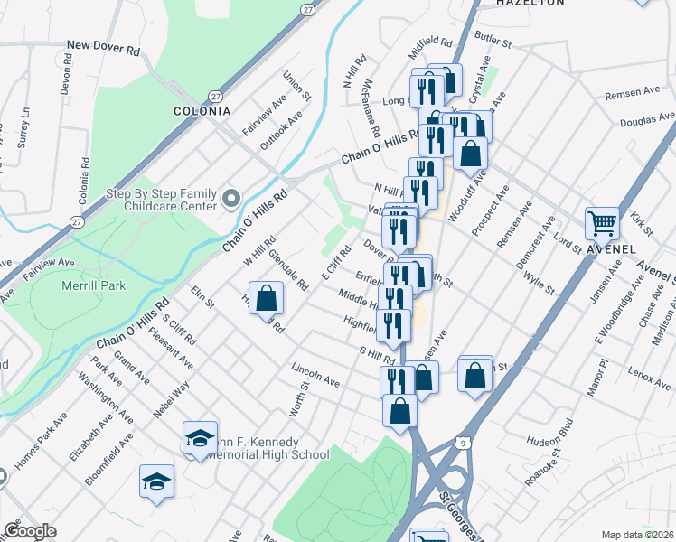 map of restaurants, bars, coffee shops, grocery stores, and more near 98 East Cliff Road in Woodbridge Township