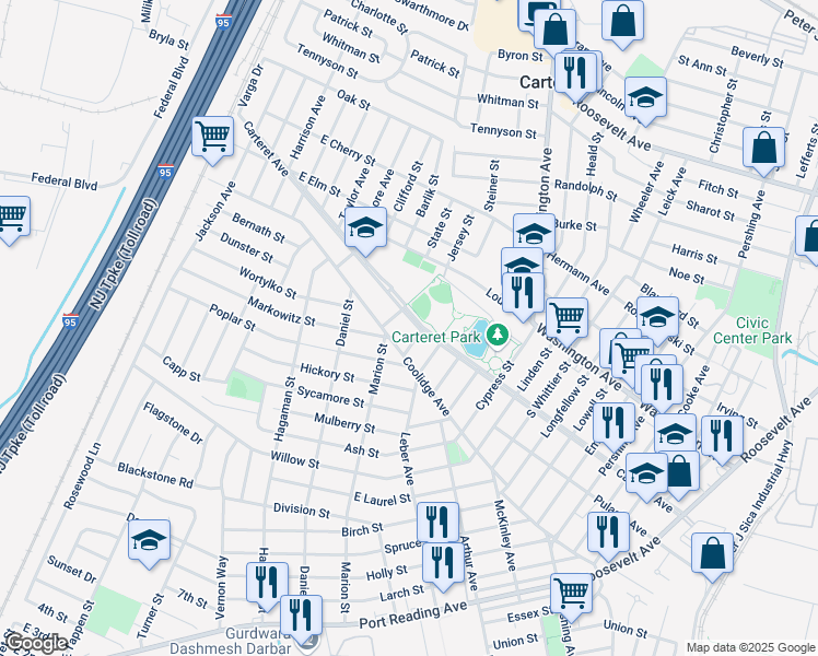 map of restaurants, bars, coffee shops, grocery stores, and more near 237 Carteret Avenue in Carteret