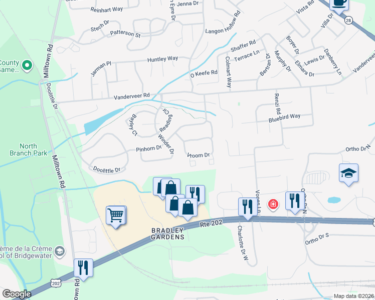map of restaurants, bars, coffee shops, grocery stores, and more near 2012 Vroom Drive in Bridgewater Township
