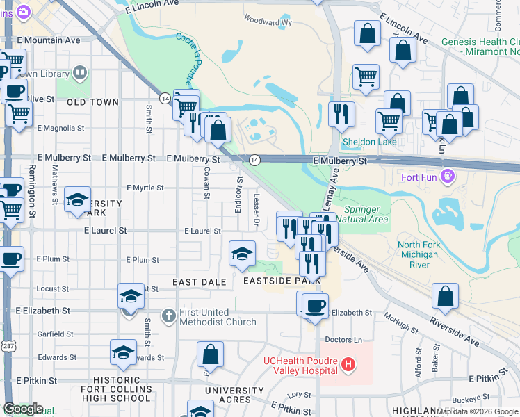 map of restaurants, bars, coffee shops, grocery stores, and more near 608 Lesser Drive in Fort Collins