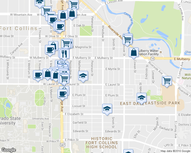 map of restaurants, bars, coffee shops, grocery stores, and more near in Fort Collins