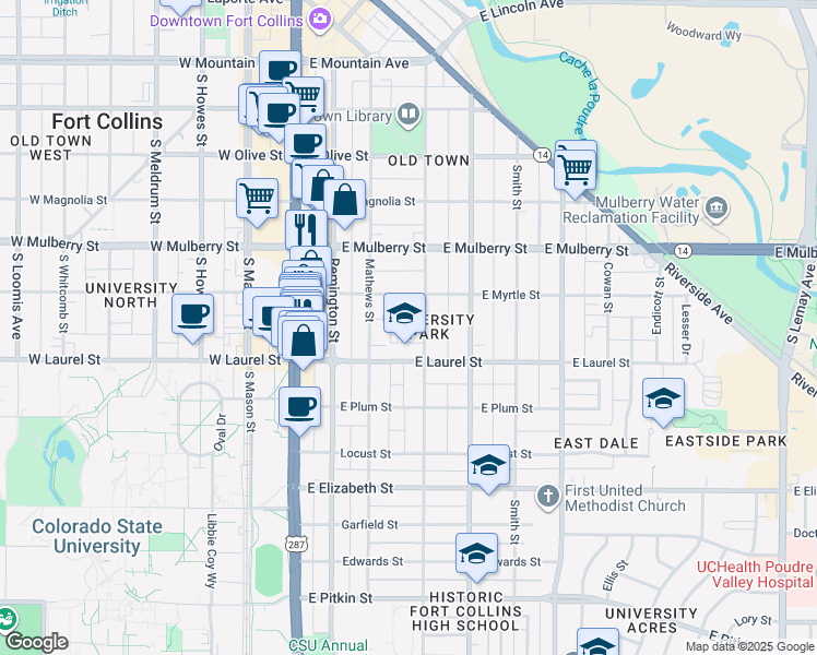 map of restaurants, bars, coffee shops, grocery stores, and more near in Fort Collins