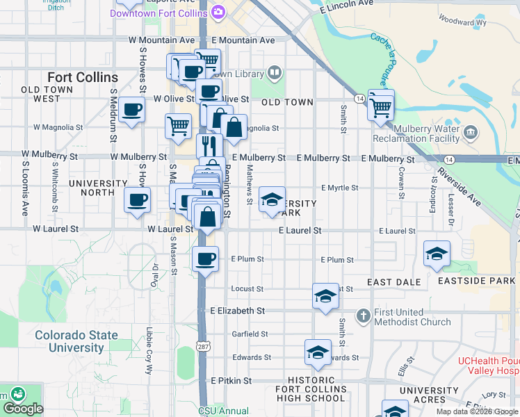 map of restaurants, bars, coffee shops, grocery stores, and more near 614 Mathews Street in Fort Collins