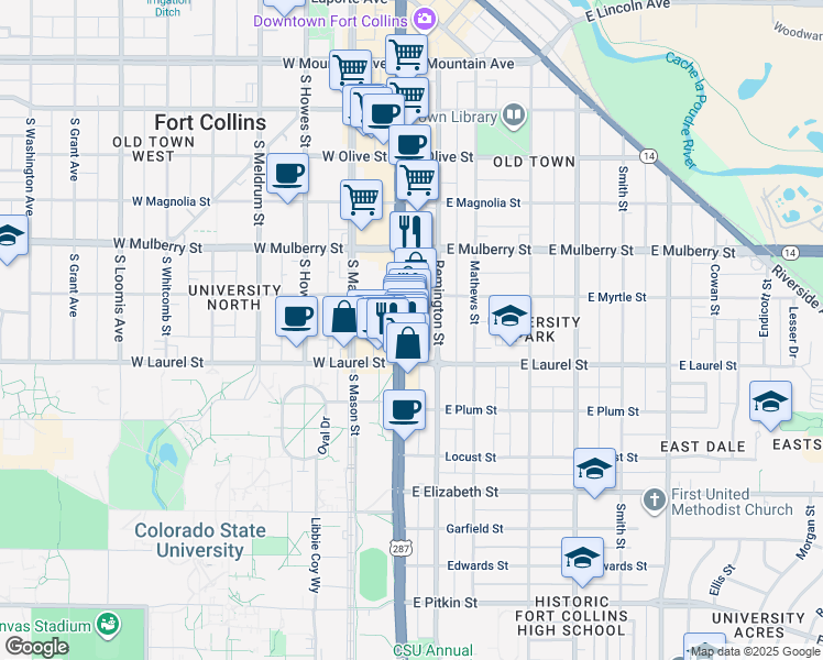 map of restaurants, bars, coffee shops, grocery stores, and more near 612 South College Avenue in Fort Collins