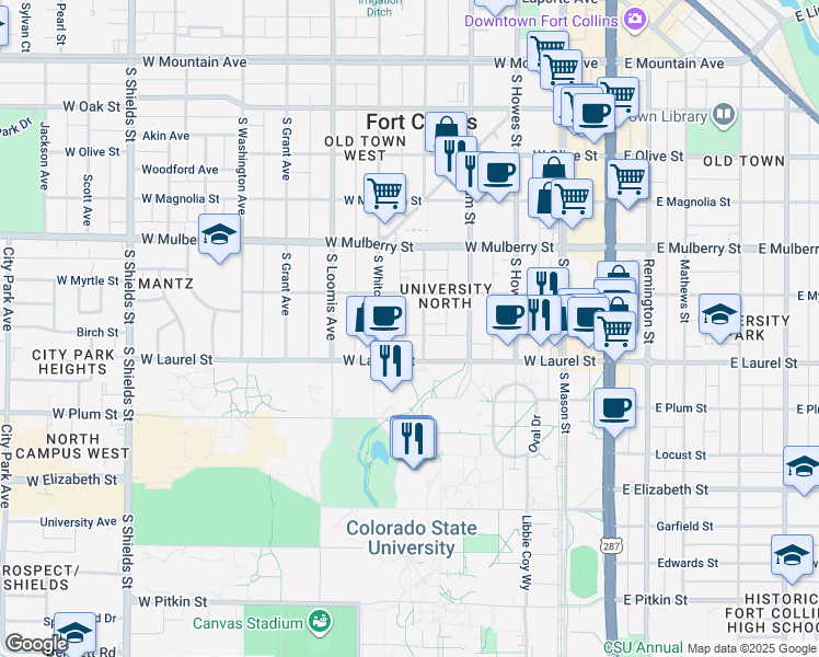 map of restaurants, bars, coffee shops, grocery stores, and more near 608 South Whitcomb Street in Fort Collins