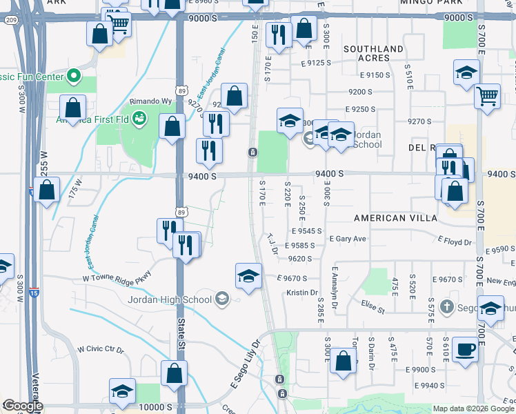 map of restaurants, bars, coffee shops, grocery stores, and more near 9450 South 170 East in Sandy
