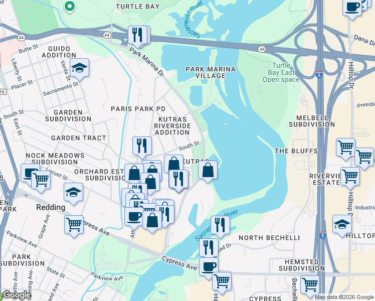 map of restaurants, bars, coffee shops, grocery stores, and more near 120 South Street in Redding