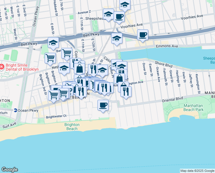 map of restaurants, bars, coffee shops, grocery stores, and more near 1080 Ocean View Avenue in Brooklyn