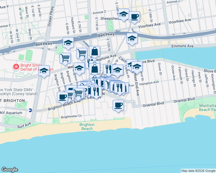 map of restaurants, bars, coffee shops, grocery stores, and more near 3010 Brighton 12th Street in Brooklyn
