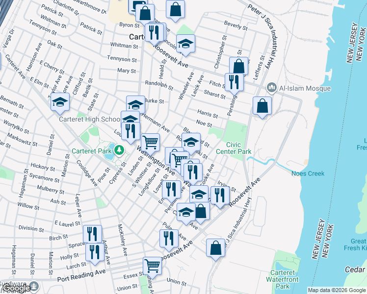 map of restaurants, bars, coffee shops, grocery stores, and more near 128 Longfellow Street in Carteret