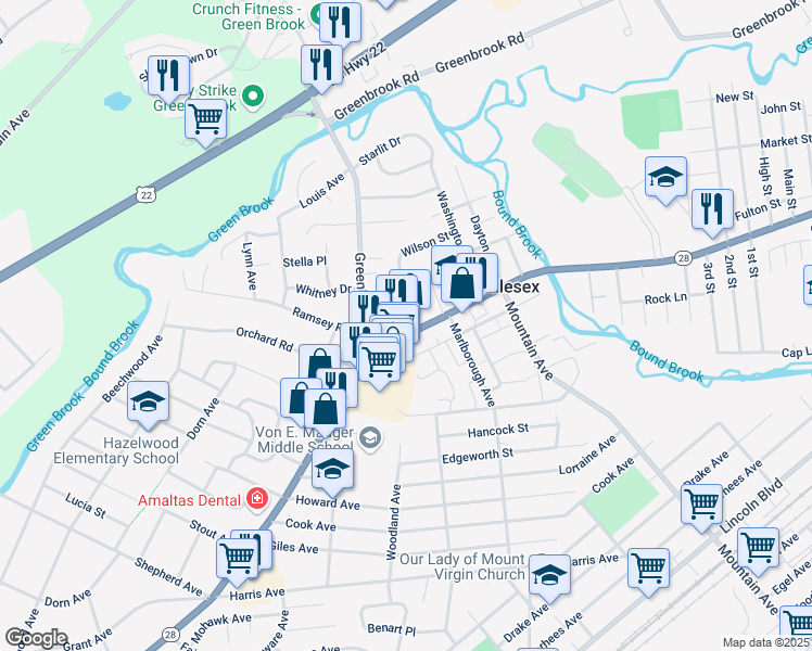 map of restaurants, bars, coffee shops, grocery stores, and more near 3 Locust Avenue in Middlesex