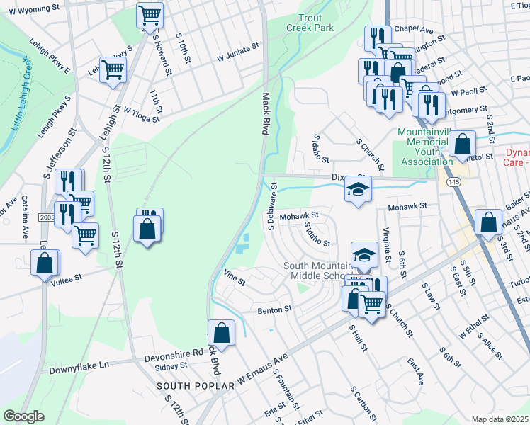 map of restaurants, bars, coffee shops, grocery stores, and more near 1875 Mack Boulevard in Allentown