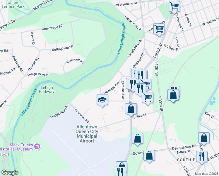 map of restaurants, bars, coffee shops, grocery stores, and more near 1542 Lehigh Parkway South in Allentown