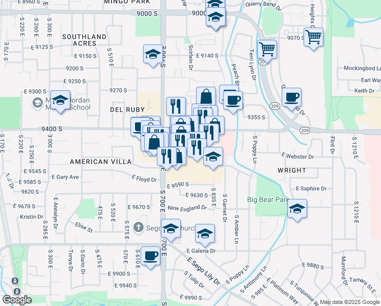 map of restaurants, bars, coffee shops, grocery stores, and more near 802 East 9400 South in Sandy