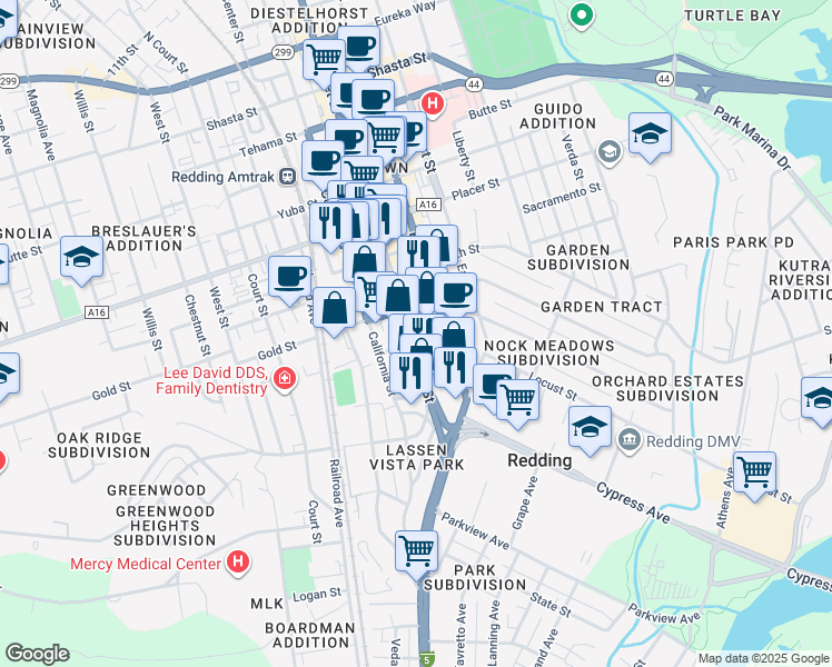 map of restaurants, bars, coffee shops, grocery stores, and more near 2032 Pine Street in Redding