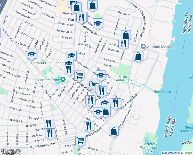 map of restaurants, bars, coffee shops, grocery stores, and more near 128 Longfellow Street in Carteret