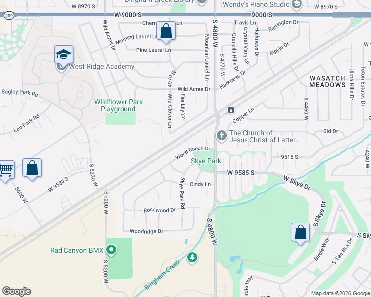 map of restaurants, bars, coffee shops, grocery stores, and more near 4904 Wood Ranch Drive in South Jordan