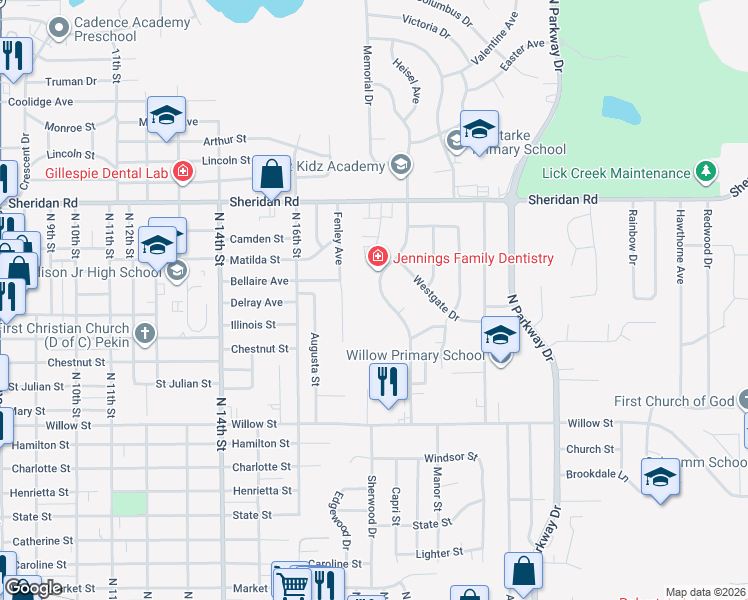 map of restaurants, bars, coffee shops, grocery stores, and more near 1225 Florence Avenue in Pekin
