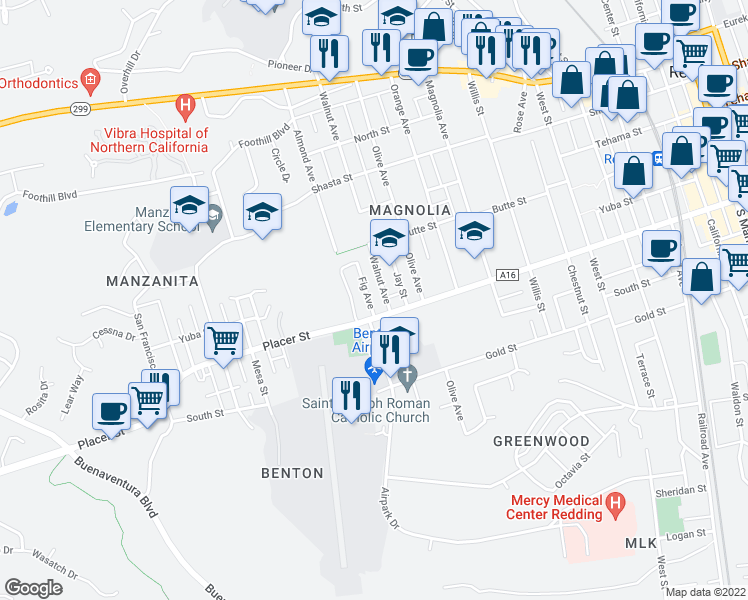map of restaurants, bars, coffee shops, grocery stores, and more near 1641 Fig Avenue in Redding