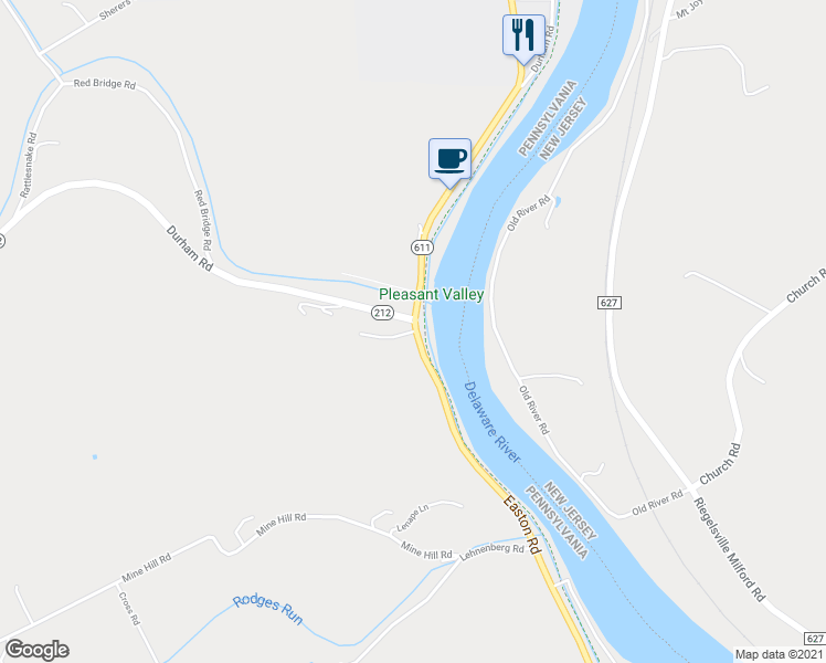 map of restaurants, bars, coffee shops, grocery stores, and more near 1573 Easton Road in Kintnersville