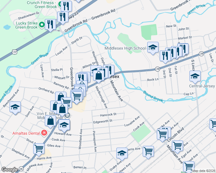 map of restaurants, bars, coffee shops, grocery stores, and more near 1272 Bound Brook Road in Middlesex