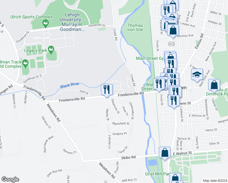 map of restaurants, bars, coffee shops, grocery stores, and more near 223 Saucon View Drive in Bethlehem