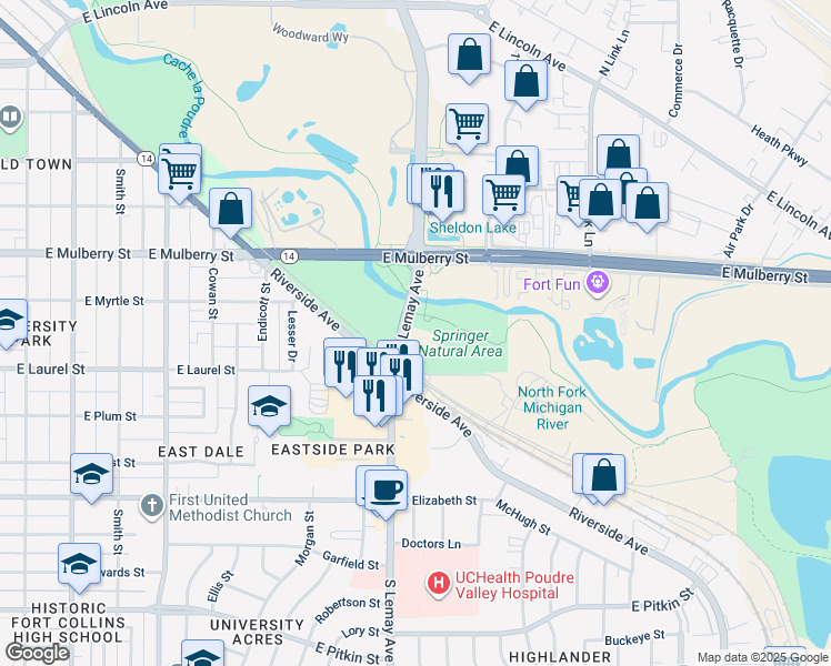 map of restaurants, bars, coffee shops, grocery stores, and more near 1100 Poudre River Drive in Fort Collins