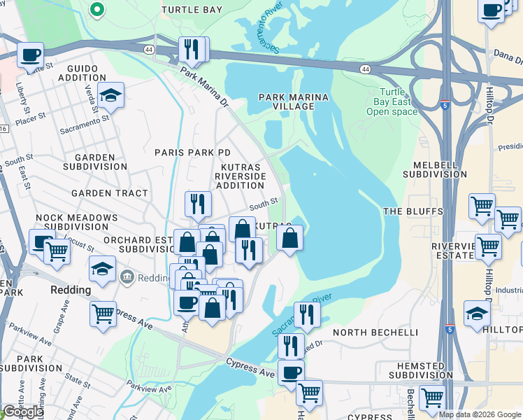 map of restaurants, bars, coffee shops, grocery stores, and more near 120 South Street in Redding